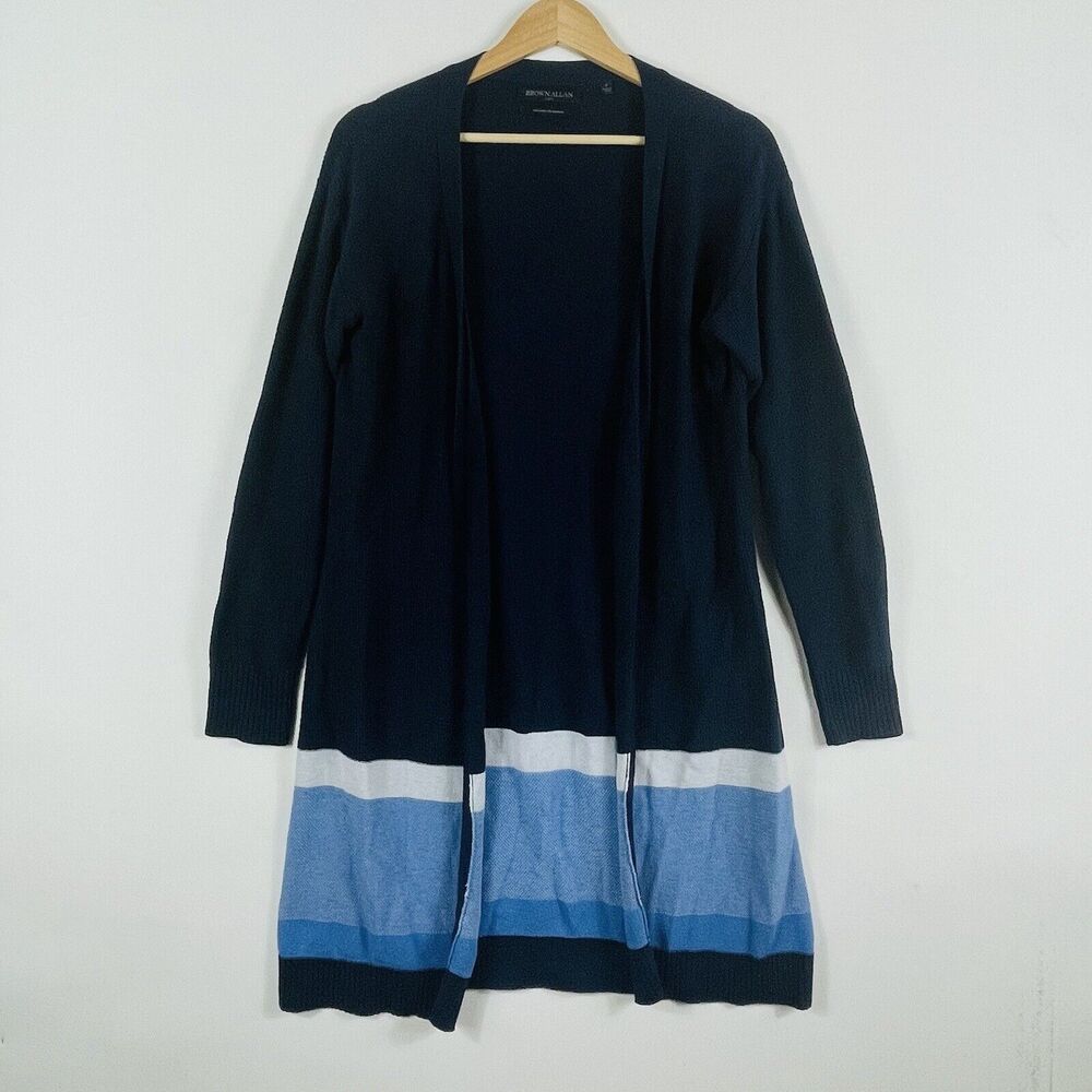Brown Allan Blue Stripe Open Front Duster Cardigan Sweater Womens‎ Medium